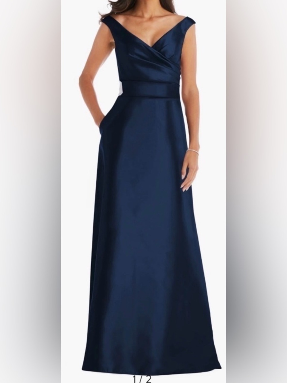 NWOT Alfred Sung Midnight Off the Shoulder Satin Gown Navy D811S 12 R